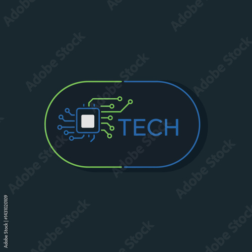 Tech logo design with circuit board and microchip in neon green and blue colors vector illustration 