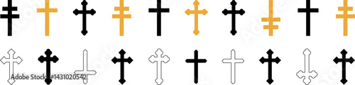 Christian crosses glyph style vector collection featuring simple, clean designs of cross symbols in various variations, perfect for religious themes, church logos, and spiritual artwork