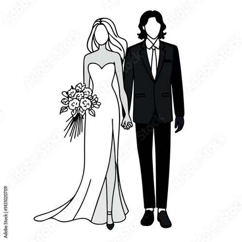 Elegant Line Art of Athletic Bride and Groom in Wedding Attire