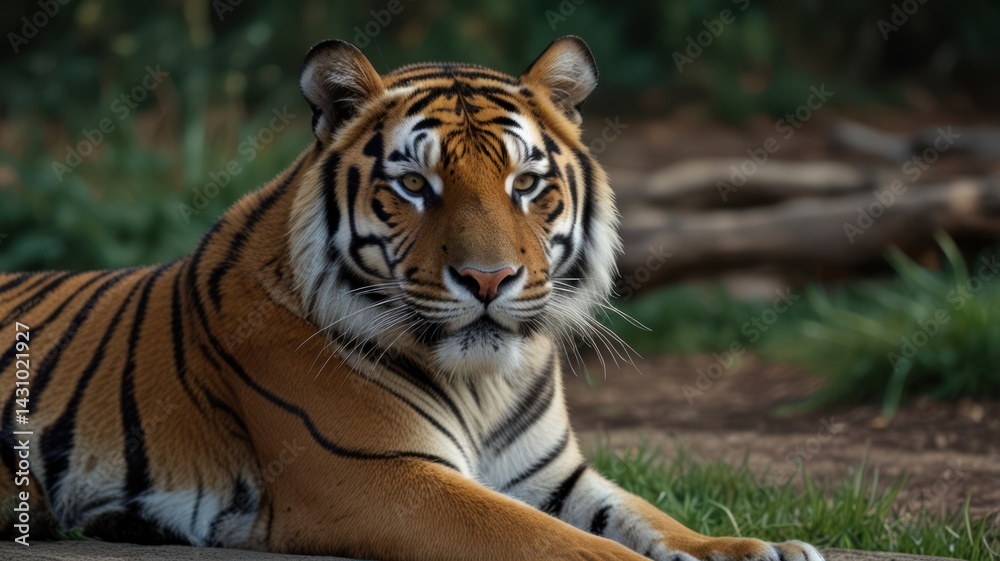 Obraz premium Majestic tiger resting, zoo enclosure, wildlife conservation