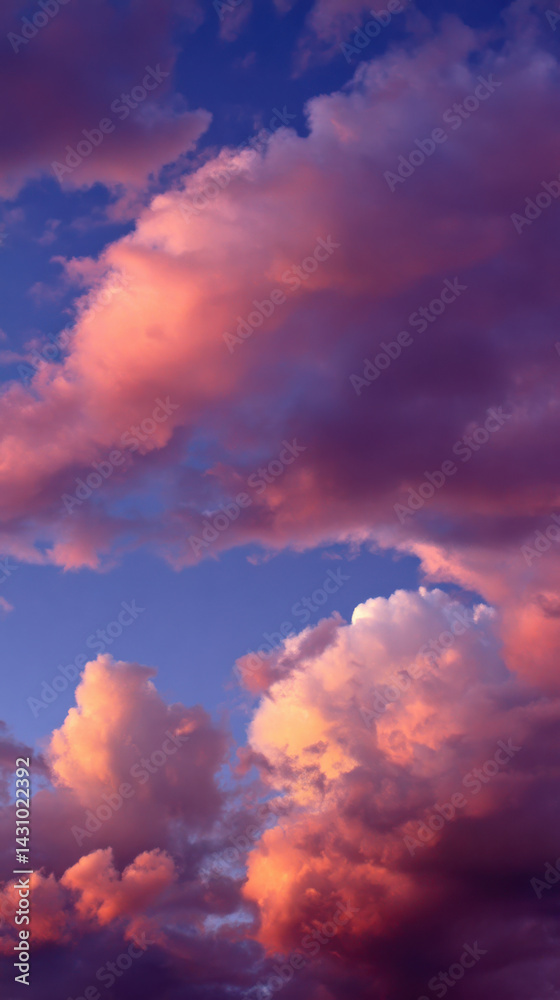 Fototapeta premium Radiant pastel clouds drift across the dusky blue sky at sunset, creating a stunning display of colorful light and atmosphere in the tranquil evening air tonight.