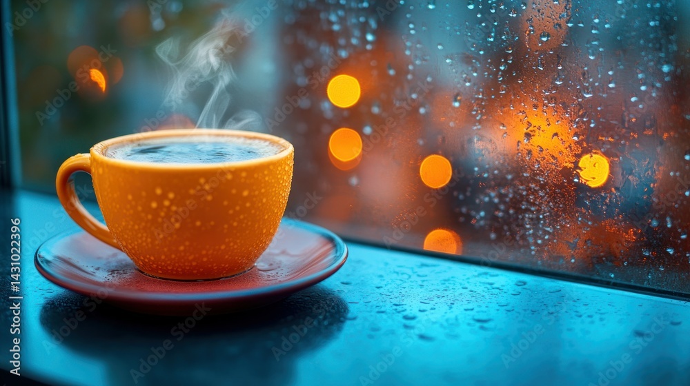 Fototapeta premium Warm coffee on rainy night