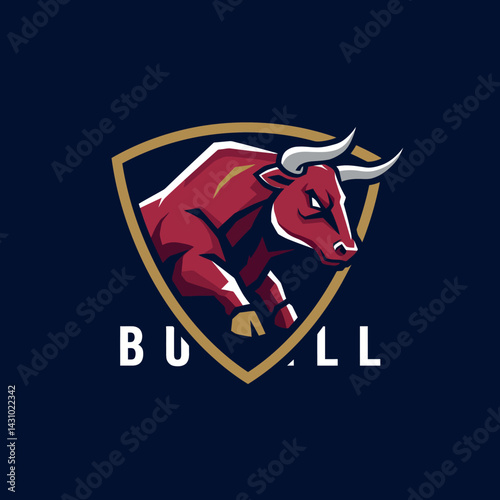 Bull logo design with shield emblem and aggressive animal mascot for sports teams