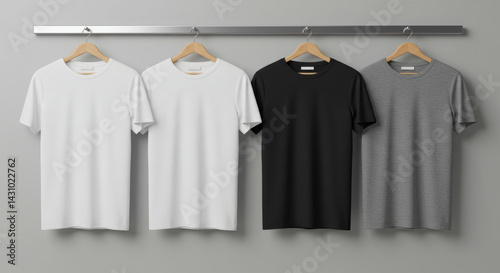 Blank t-shirts in white, black, and grey displayed on hangers against a neutral background. Three plain crew neck t-shirts, ready for customization, hang on a metallic rail against a light gray wall.