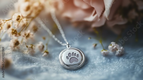 Pet loss and memorial products Silver pendant with a paw print design.