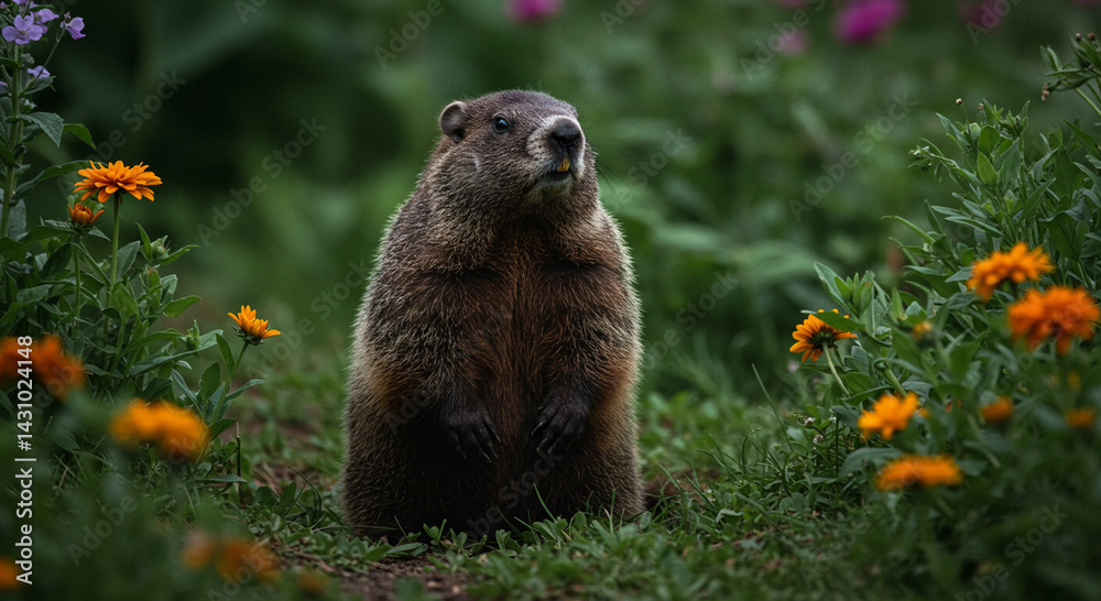 Naklejka premium Chubby groundhog standing upright amidst vibrant wildflowers and lush greenery