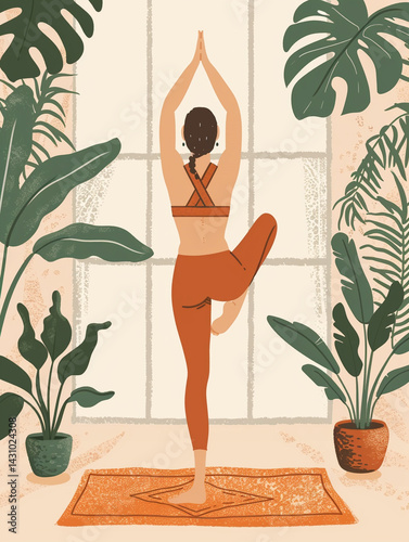 Yogi balances in a tree pose while surrounded by large vibrant tropical foliage and warm light.