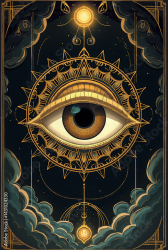 Generative AI All Seeing Eye: Mystical Art Deco eye mandala geometric gold sun stars clouds illustration pendant rose mysticism spiritual illumination divine vision - Download Now