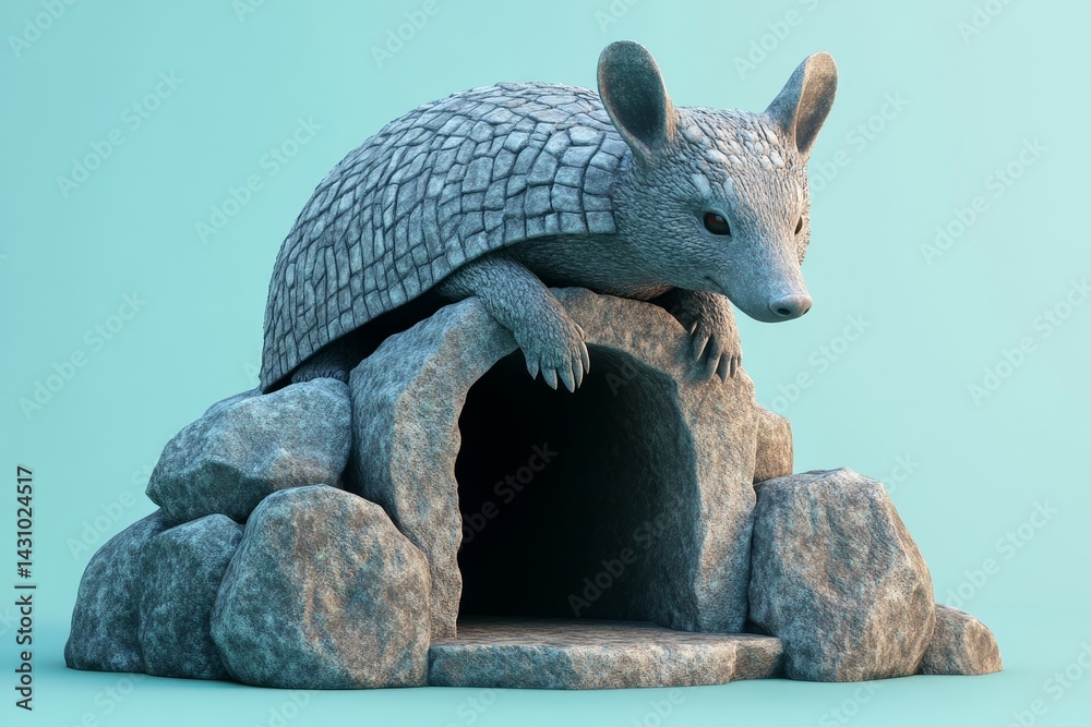 Obraz premium Gray armadillo resting atop a stone cave entrance.