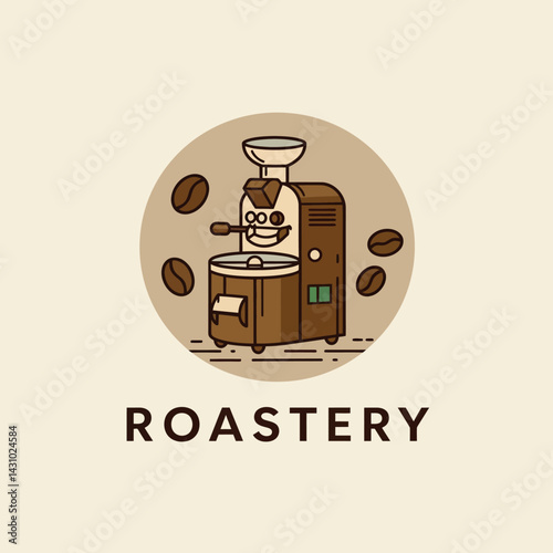 Coffee roastery logo design with vintage coffee roaster and coffee beans vector illustration 