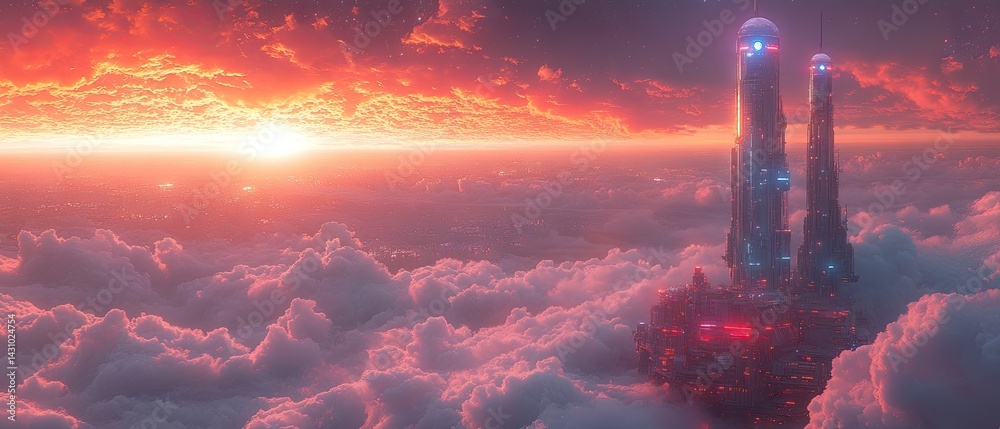 Futuristic structure rises above clouds during a vibrant sunset or sunrise. Futuristic structure rises above clouds during a vibrant sunset or sunrise.