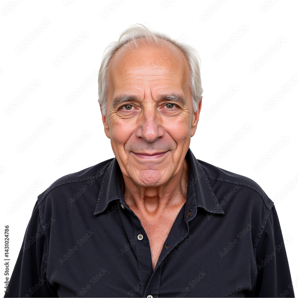 Portrait of an Older Caucasian Male with Silver Hair, Wearing a Black Shirt, Against a transparent background, Displaying a Warm Smile and Approachable Presence Portrait of an Older Caucasian Male with Silver Hair, Wearing a Black Shirt, Against a transparent background, Displaying a Warm Smile and Approachable Presence