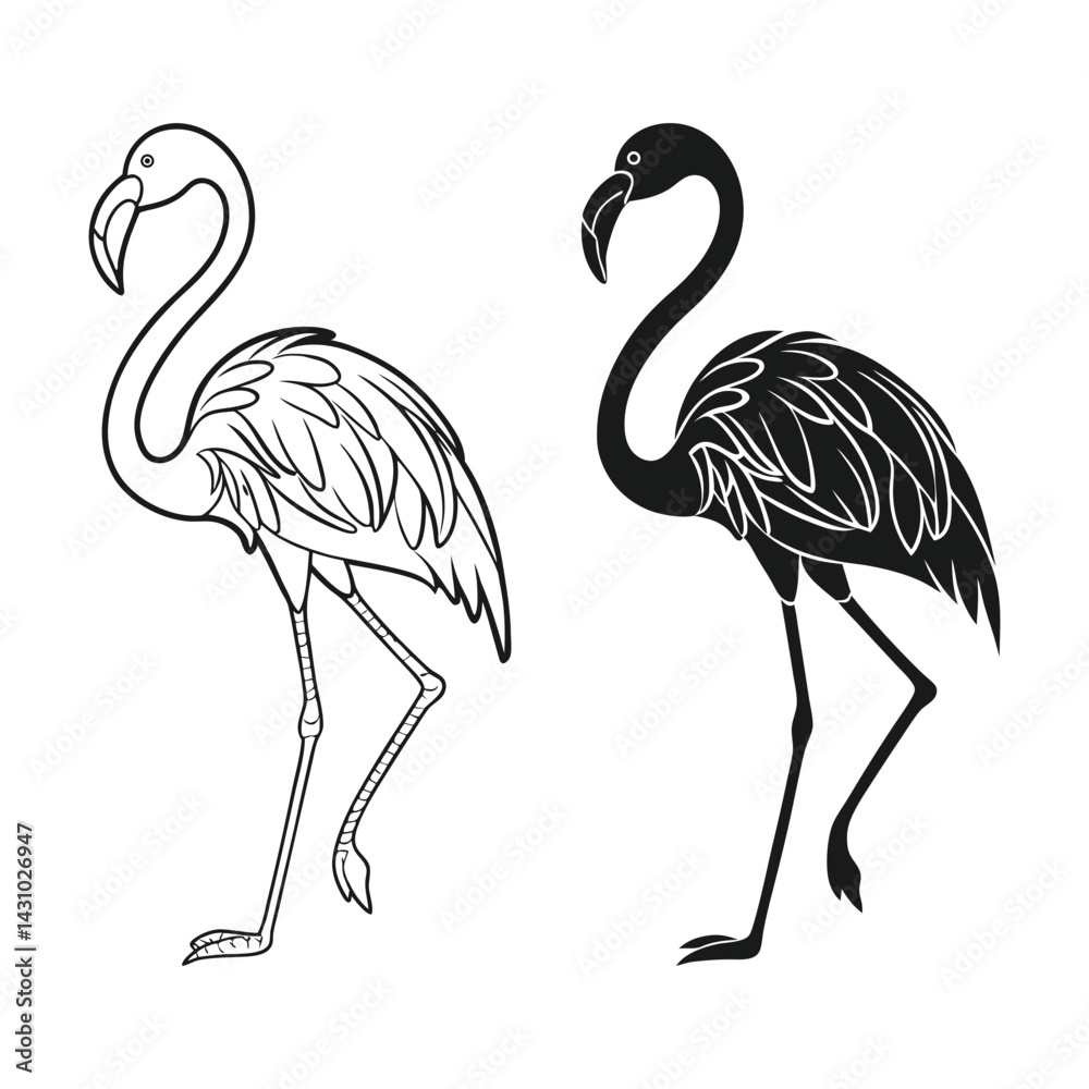 Obraz premium Vector Illustration of Beautiful Flamingo Silhouette Featuring a Graceful Standing Pose with Elegant Curves and Minimalist Design for Wildlife, Nature, and Decorative Artwork