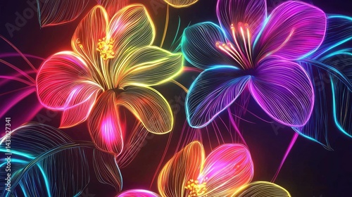 Vibrant neon floral design with glowing petals and leaves.