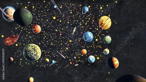 Pixelated Digital Artwork of Colorful Planets and Stars Against a Dark Cosmic Background Depicting Outer Space