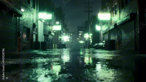 A quiet, empty street stretches into the distance under dim neon lights during a rainy night, creating a moody atmosphere with wet pavement reflecting colors.