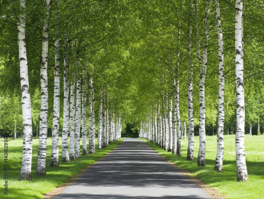 Fototapeta premium A serene tree-lined pathway featuring tall birch trees, creating a peaceful and inviting atmosphere.