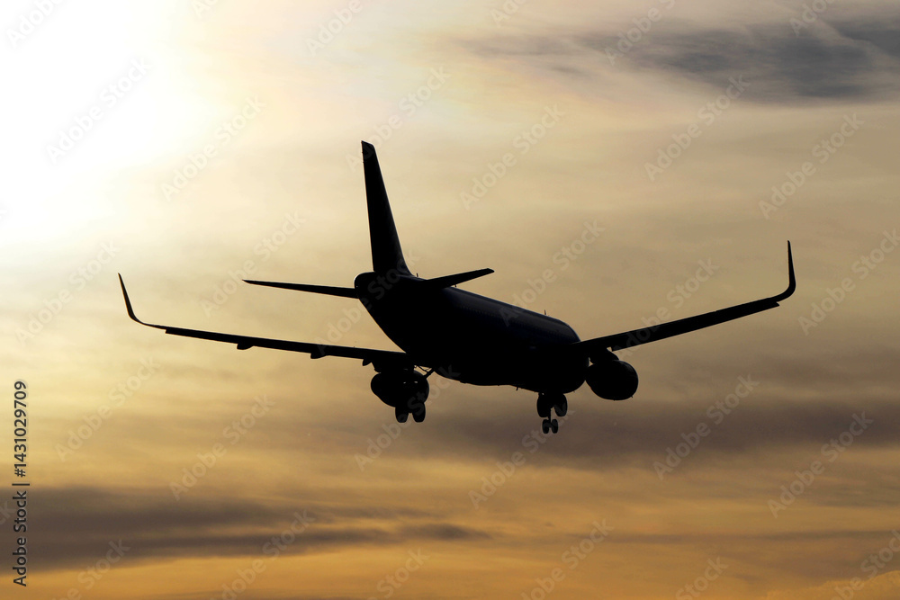 Plane landing, backlit in the sky at a beautiful sunset. A large, beautiful plane. A beautiful image of the sky and the plane landing. Plane landing, backlit in the sky at a beautiful sunset. A large, beautiful plane. A beautiful image of the sky and the plane landing.