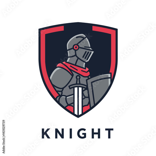 Knight logo design with shield and sword in red and gray colors for branding and identity Free Download Knight logo design with shield and sword in red and gray colors for branding and identity - GFXLoad
