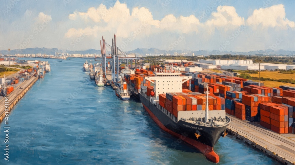 Obraz premium Cargo ships docked at a busy shipping port.