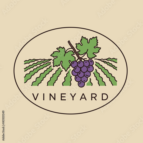 Vineyard logo design with grape cluster and green leaves in oval frame vector illustration 