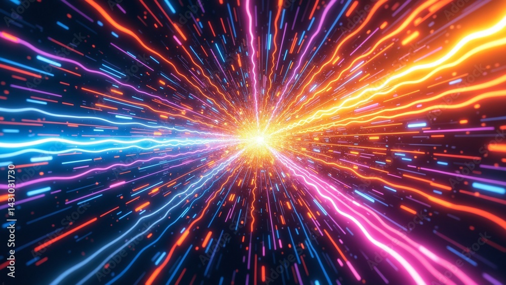 Abstract colourful light trail creative cosmic background. Explosion, Hyper jump into another galaxy. Speed of light, neon glowing rays in motion Abstract colourful light trail creative cosmic background. Explosion, Hyper jump into another galaxy. Speed of light, neon glowing rays in motion