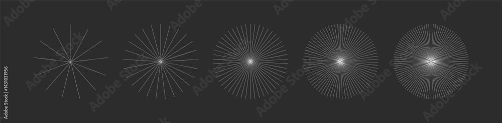 Radial sunburst rays set on dark background. A minimalistic starburst pattern collection with increasing density, perfect for digital scrapbooking, abstract backgrounds, or retro-inspired designs.