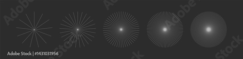 Radial sunburst rays set on dark background. A minimalistic starburst pattern collection with increasing density, perfect for digital scrapbooking, abstract backgrounds, or retro-inspired designs.