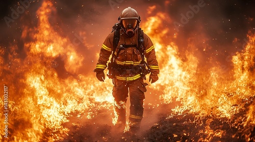 Firefighter bravely walks through intense wildfire.