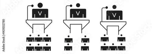 conference icon set, related to meeting, business training, team, brainstorming, seminar, interview, isolated on white background, vector illustration.