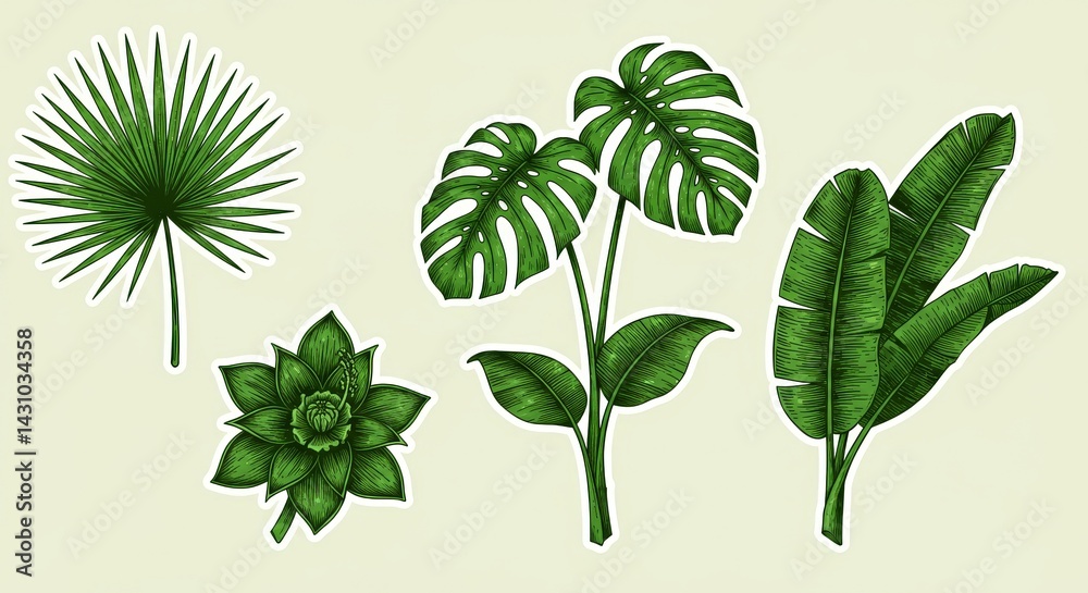 Set of Tropical green plants in a flat design style on a light background Set of Tropical green plants in a flat design style on a light background