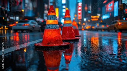 Wet city street cones