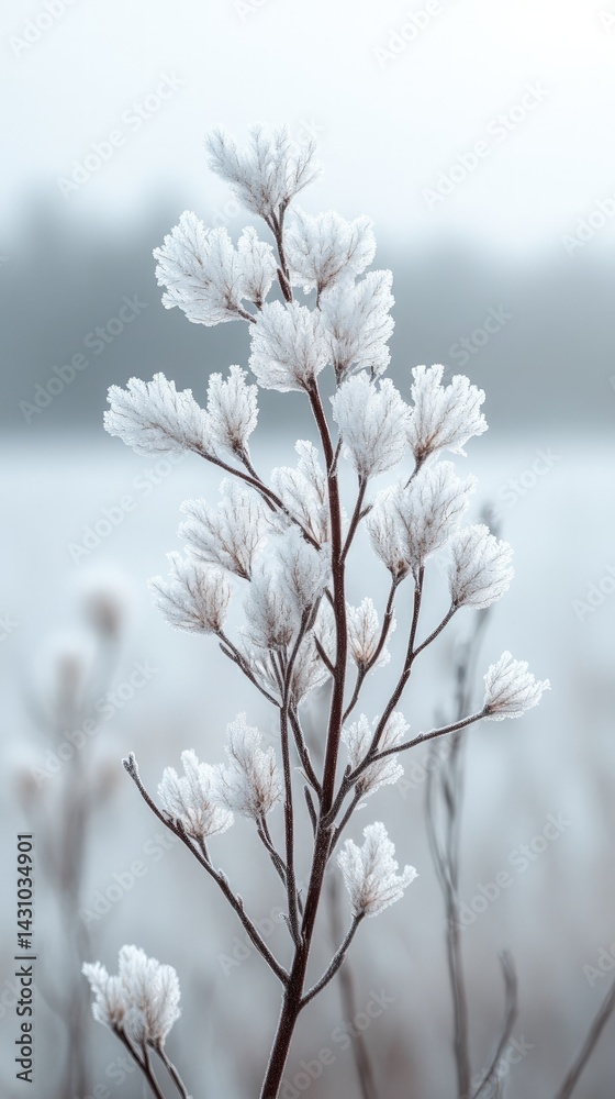 Obraz premium Frozen plant covered in frost with blurred background on a cold winter day.