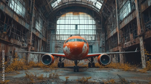 Abandoned airplane in a derelict hangar