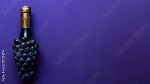 Artistic wine bottle with grapes, isolated on a vibrant violet background