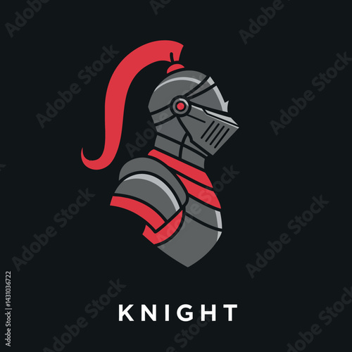 Knight helmet logo design with red plume and scarf vector illustration for branding 