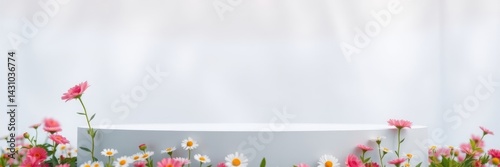 Empty white display podium in a vibrant garden with daisies. Spring, floral concept with copy space for product placement.