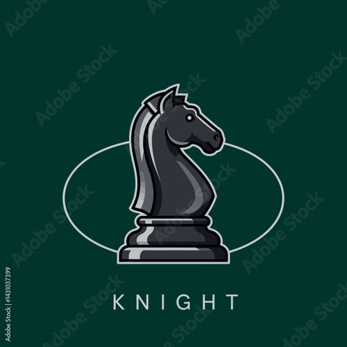 Knight chess piece logo design with dark green background and silver outline vector illustration 