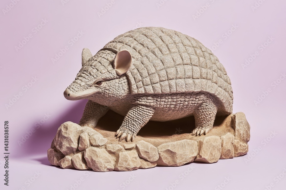 Obraz premium Detailed sculpted representation of an armadillo on a rocky outcrop.