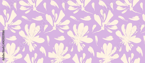 Light violet seamless floral pattern background with cream flower silhouettes in vector botanical style