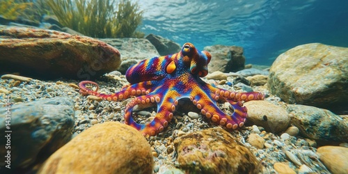 A vibrant octopus changing colors while resting on a rocky ocean floor, blending in with the surroundings