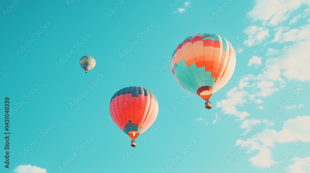 Fototapeta premium Colorful Hot Air Balloons Ascending: A Serene Summer Sky Scene