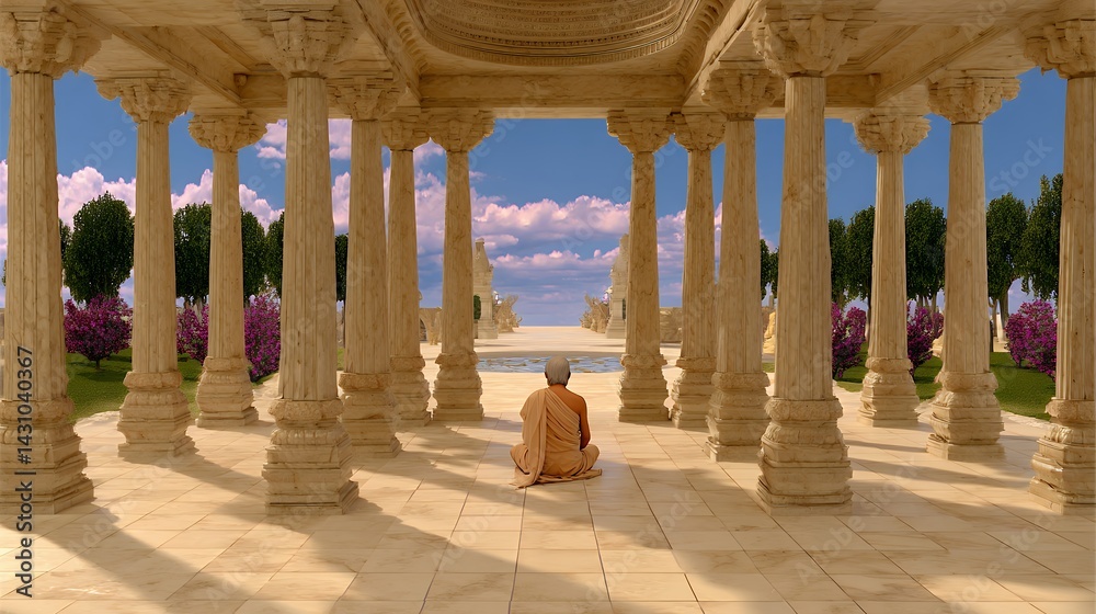 Fototapeta premium Person Meditating in a Sunlit Temple Courtyard