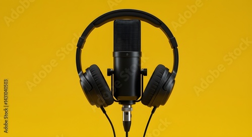 Concepto de podcasting, vista directamente encima de los auriculares y el micrófono de grabación sobre fondo naranja