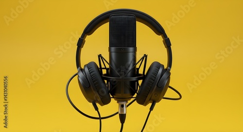 Concepto de podcasting, vista directamente encima de los auriculares y el micrófono de grabación sobre fondo naranja