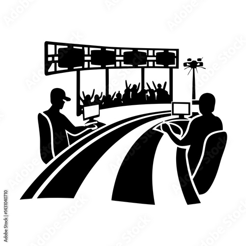 Two pilots in control room navigating drones in race arena