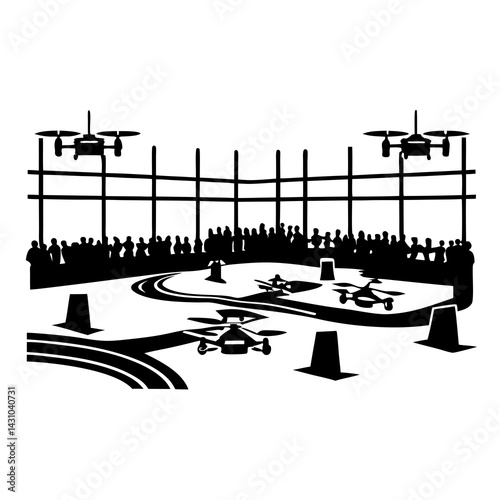 Drone racing event with flying drones over track and audience