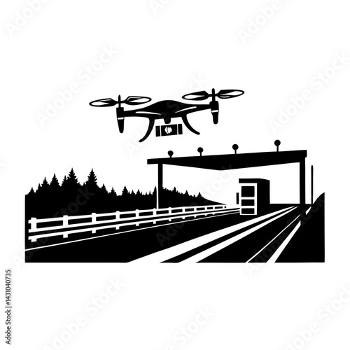 High-speed drone racing past rural checkpoint in open landscape
