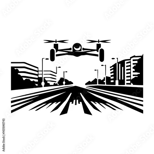 Racing drone in fast-paced city route from pilot's aerial view