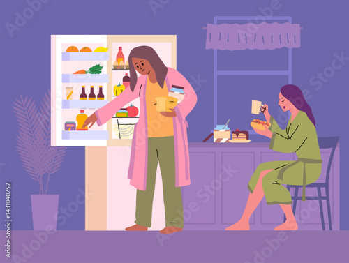 Cartoon Color Characters Women and Night Snack Concept Flat Design Style. Vector illustration of Late Night Snacking